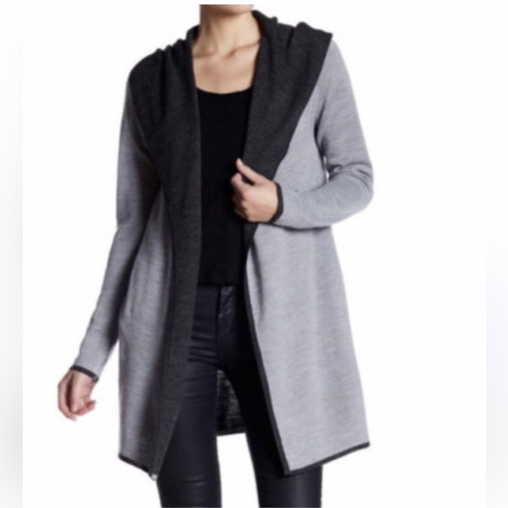 Blanc Noir Two-Tone Open Front Cardigan women M hooded casual office cozy retro